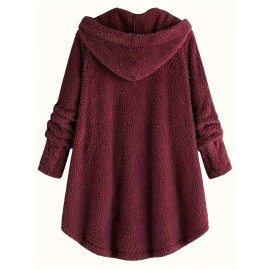 Button Front Teddy Bear Hoodie, Casual Long Sleeve Slant Pockets Plush Coat, Women's Clothing