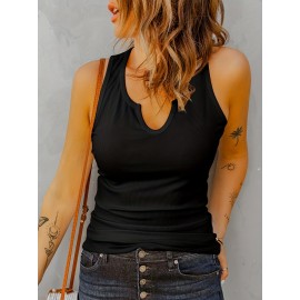 Women's Fashion Casual Simple Ribbed Sports Tank Top,  Round Neck Solid Color Sleeveless Sports Shirts, Women's Summer Tops