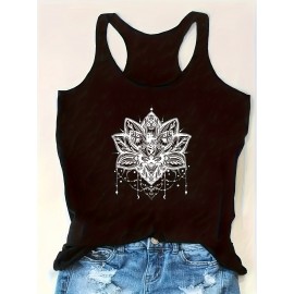 Lotus Graphic Casual Sports Tank Top, Crew Neck Sleeveless Shirts, Women's Summer Tops