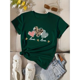 Heart & Letter Print Crew Neck T-Shirt, Casual Short Sleeve T-Shirt For Spring & Summer, Women's Clothing