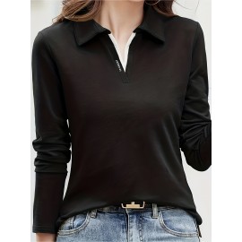 Solid Polo Collar T-Shirt, Casual Long Sleeve Top For Spring & Fall, Women's Clothing