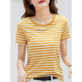 Striped Print Crew Neck T-Shirt, Casual Short Sleeve T-Shirt For Spring & Summer, Women's Clothing