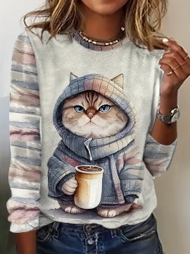 Cat Print Crew Neck T-shirt, Causal Long Sleeve Top For Spring & Fall, Women's Clothing