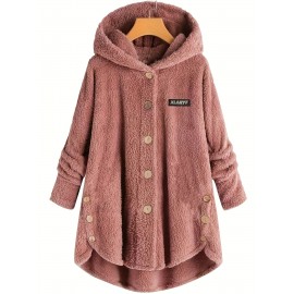 Letter Patch Button Front Plush Hoodie, Casual Long Sleeve Teddy Bear Coat, Women's Clothing