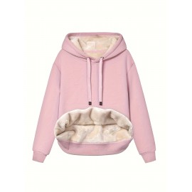 Solid Fleece Drawstring Hoodie, Casual Long Sleeve Warm Sweatshirt For Fall & Winter, Women's Clothing