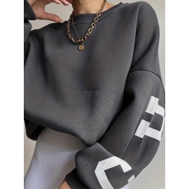 Women Oversized Thermal Letter Graphic Print Sweatshirt Aesthetic Crew Neck Long Sleeve Drop Shoulder Pullover