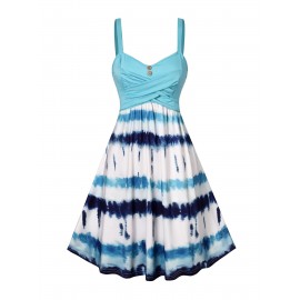 Tie Dye Criss Cross Dress, Casual Sleeveless Ruffle Dress, Women's Clothing