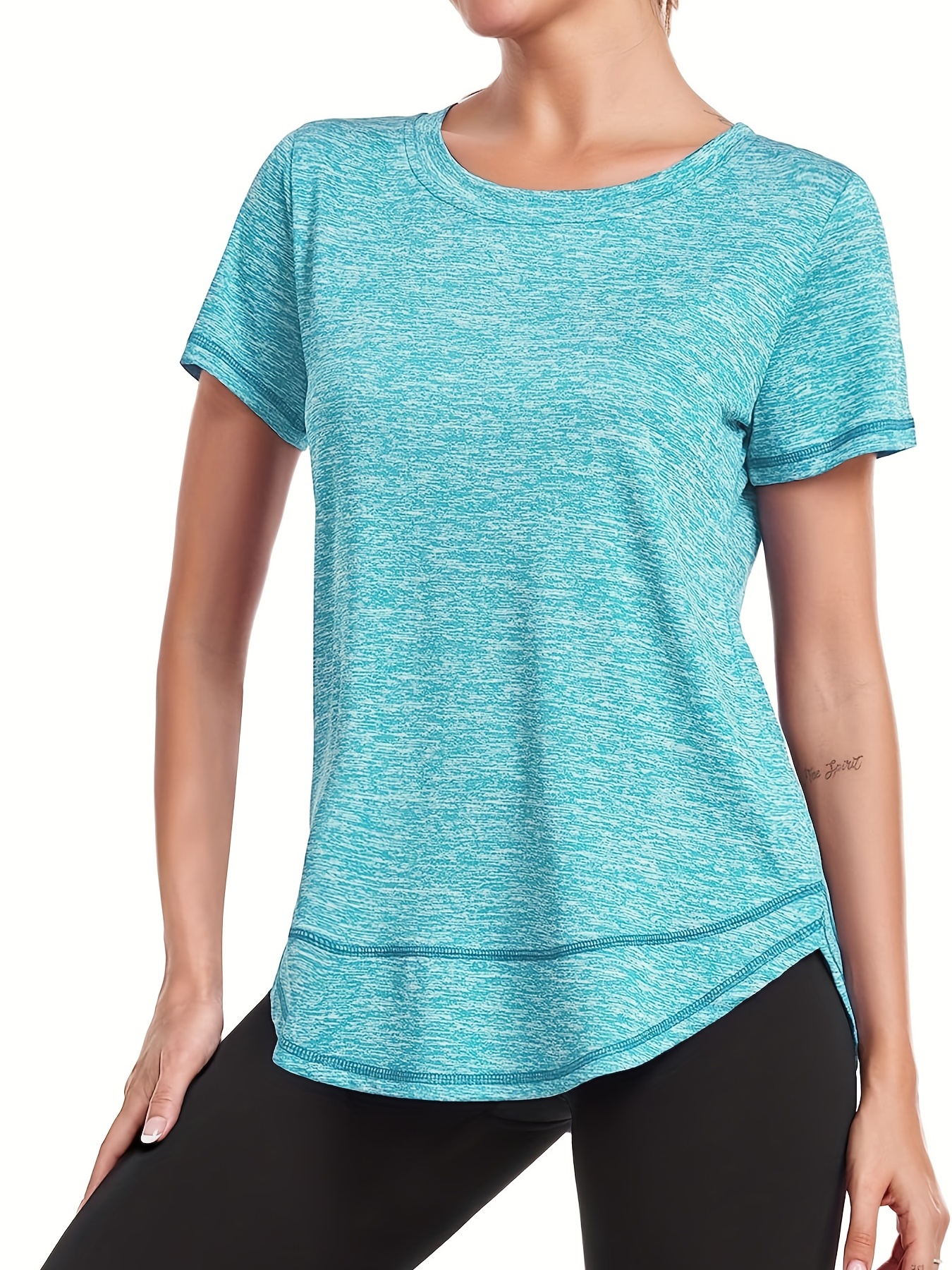 womens short sleeve quick drying workout shirts crew neck sports yoga running split tee womens clothing details 30