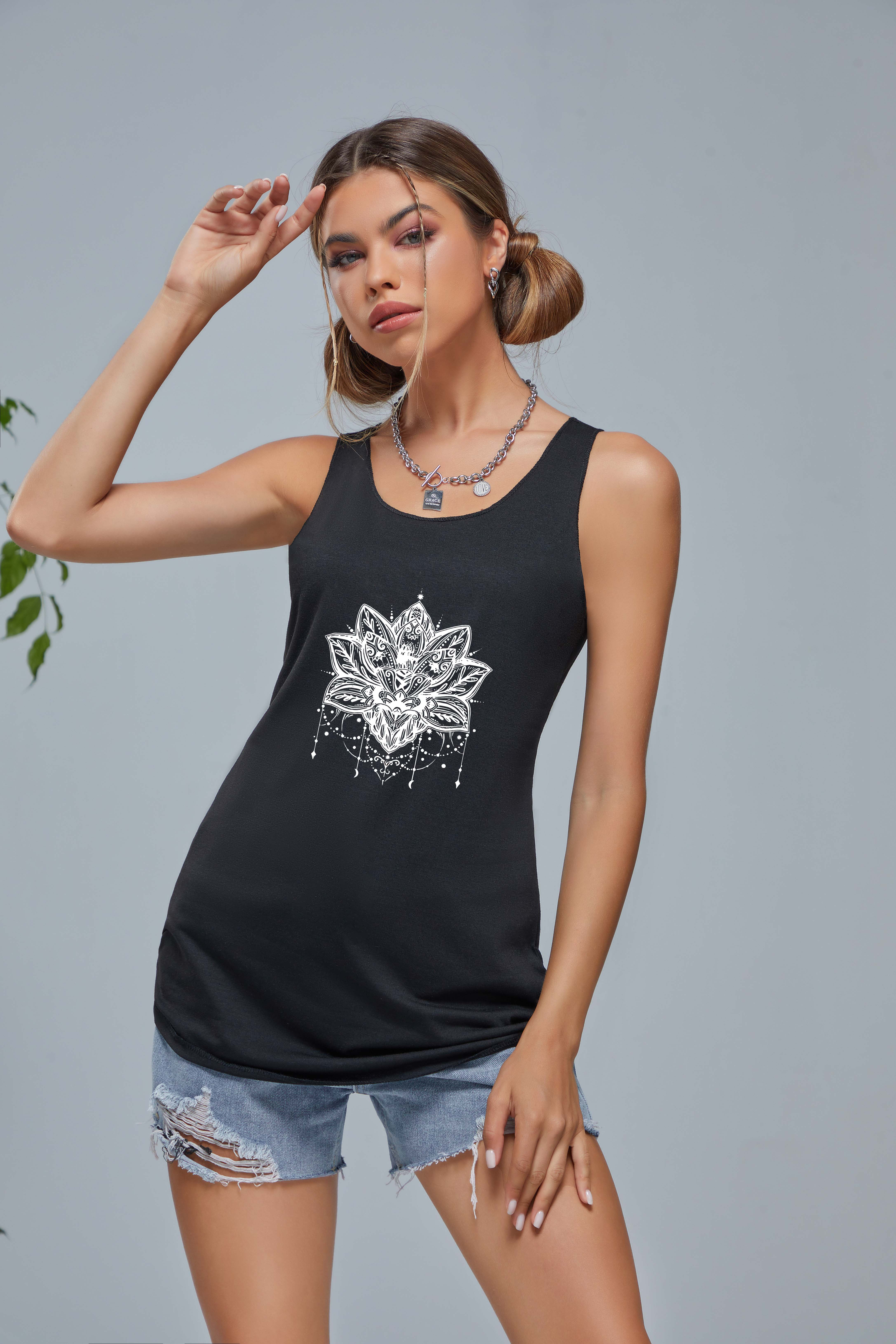 lotus graphic casual sports tank top crew neck sleeveless shirts womens summer tops details 0