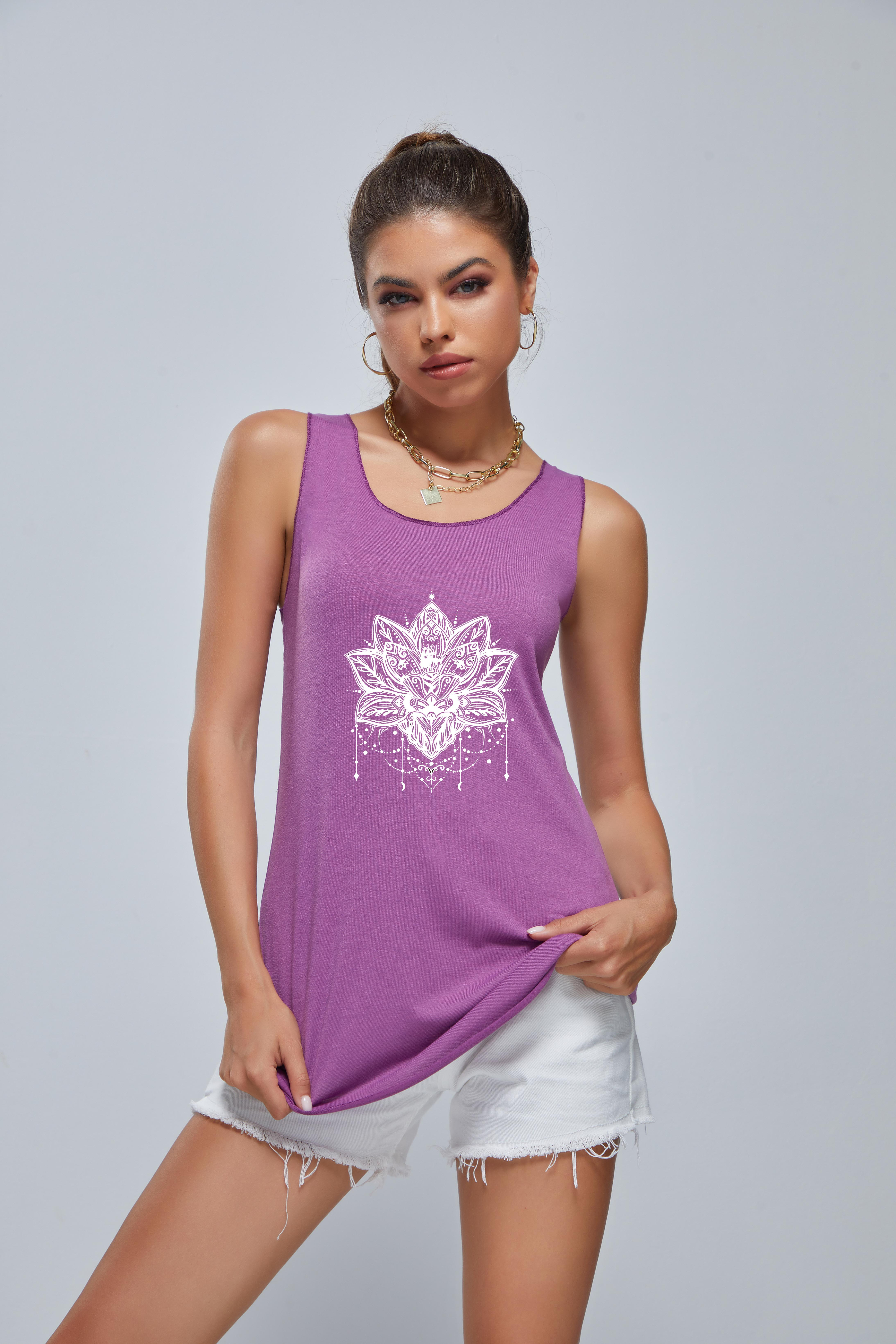 lotus graphic casual sports tank top crew neck sleeveless shirts womens summer tops details 1