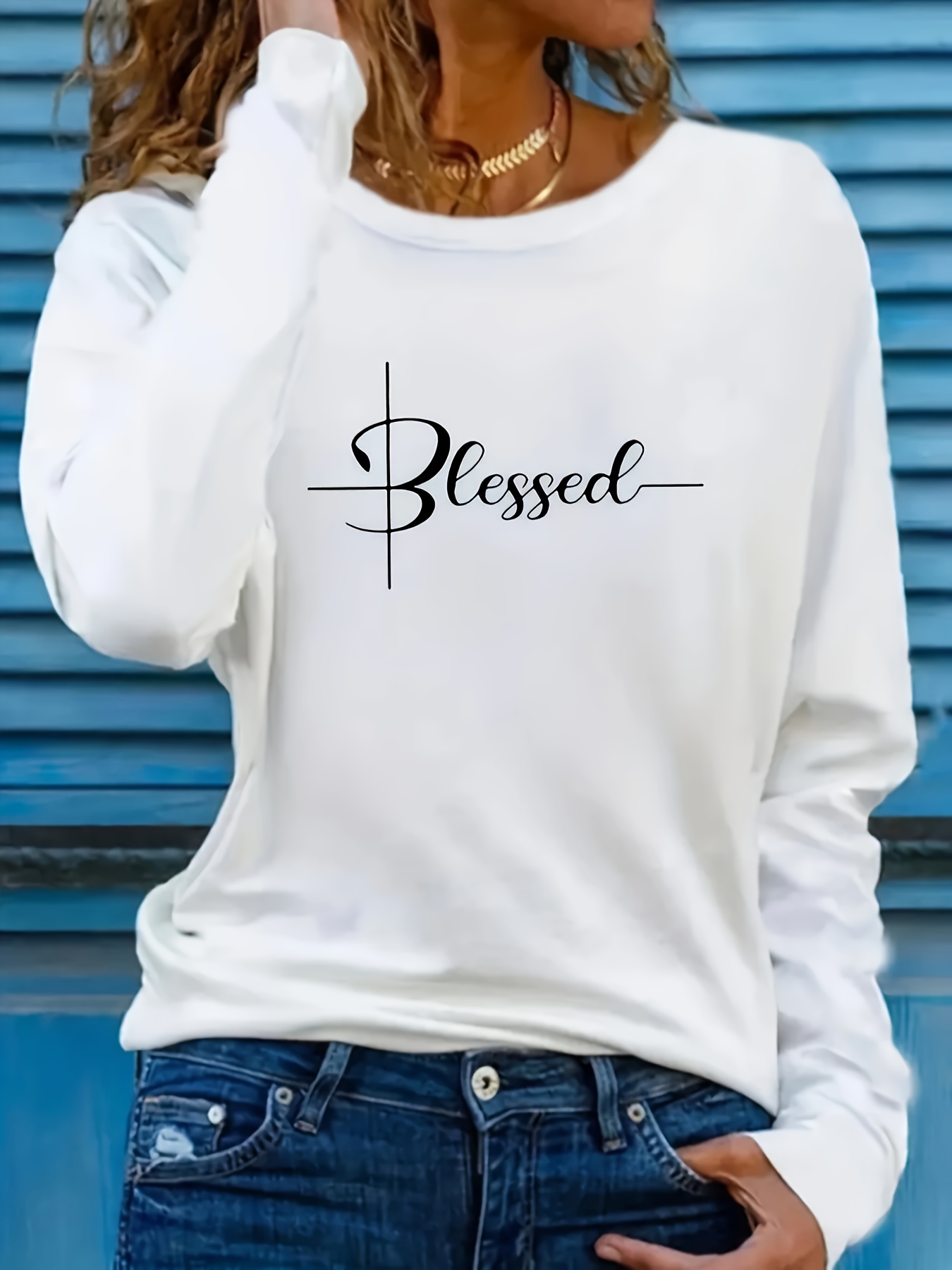 blessed print crew neck t shirt casual long sleeve t shirt womens clothing details 0