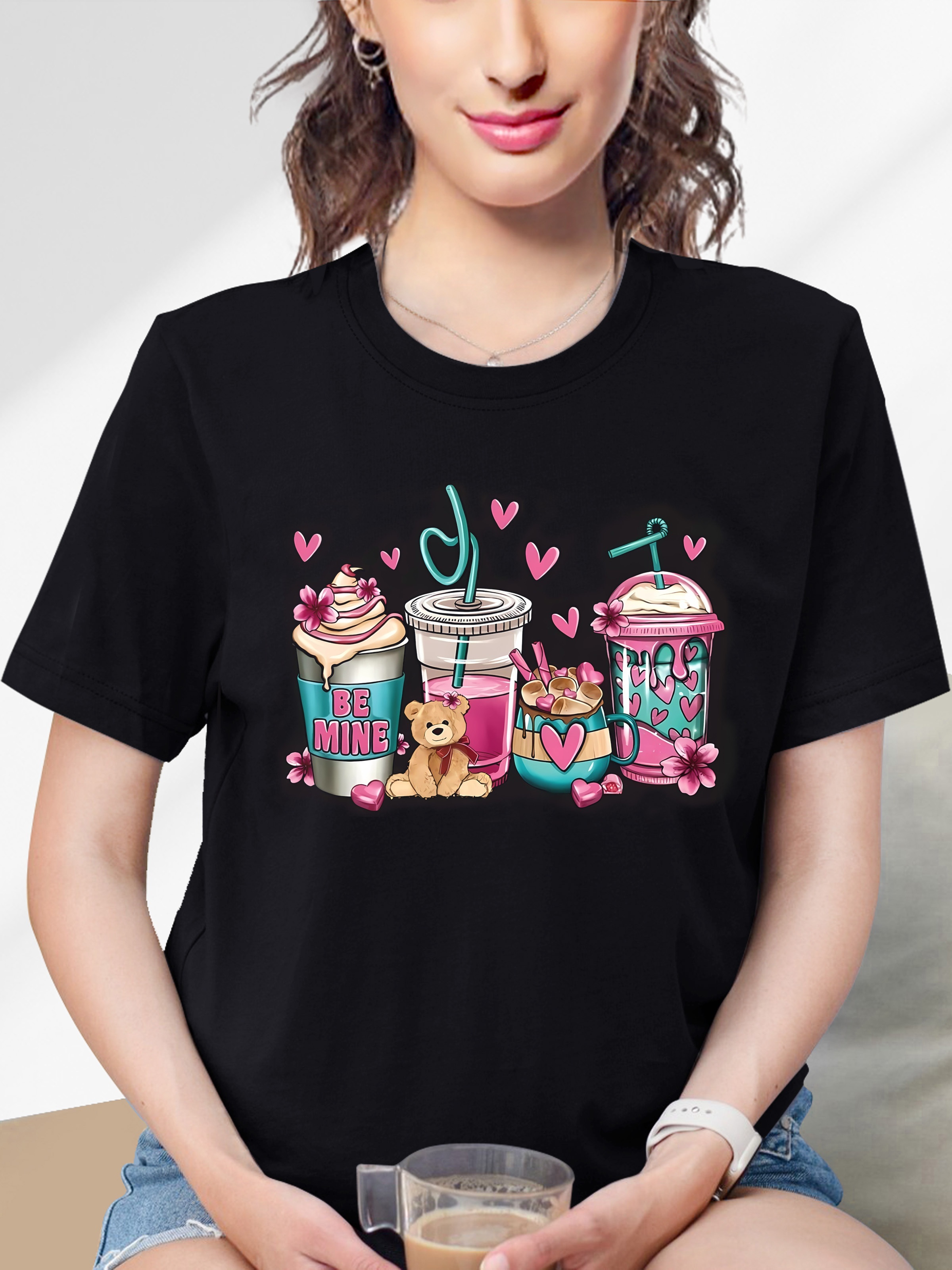 valentines day coffee cup bear graphic round neck short sleeve t shirt casual sports fashion tops womens activewear details 0