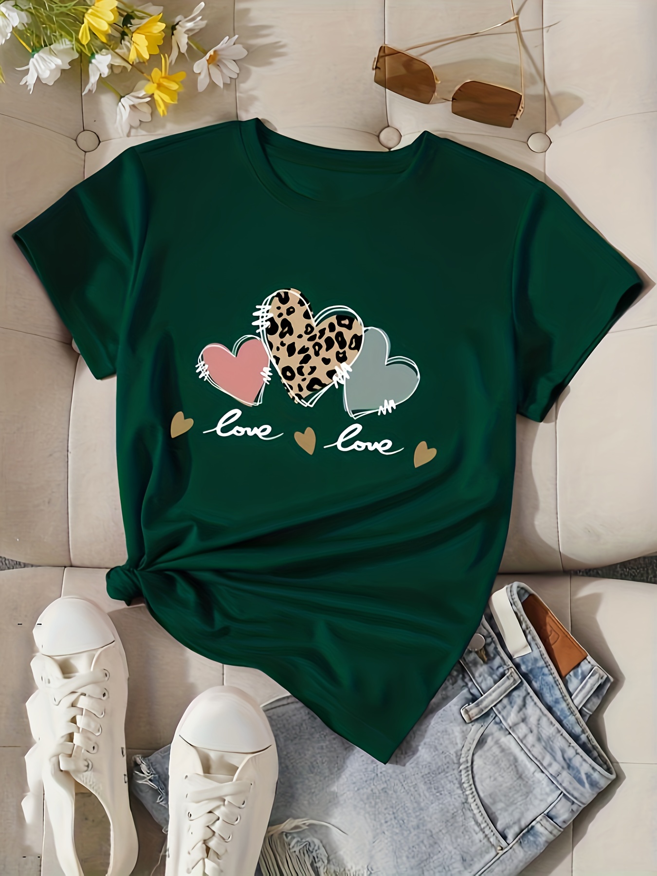 heart letter print crew neck t shirt casual short sleeve t shirt for spring summer womens clothing details 1