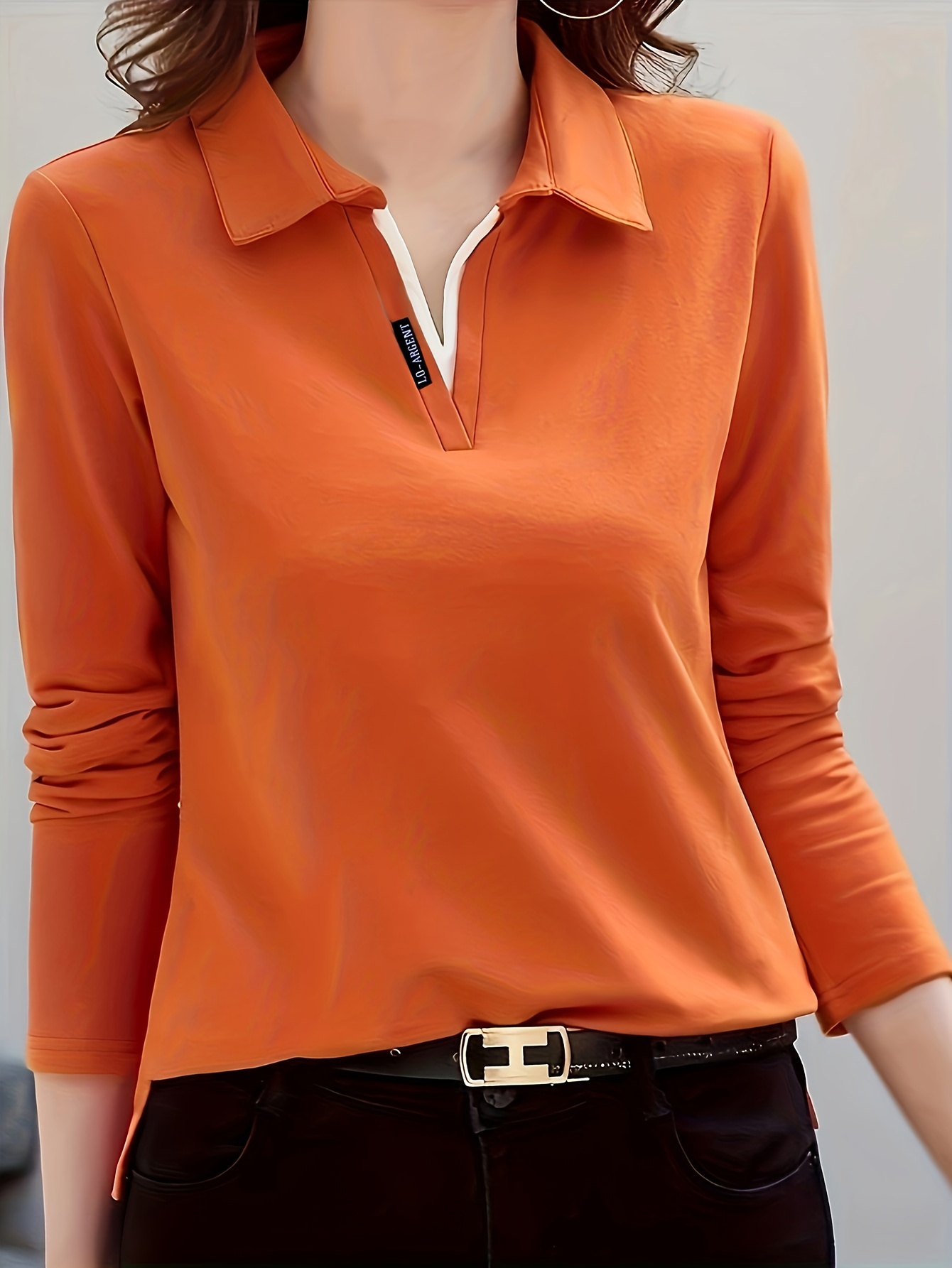 solid polo collar t shirt casual long sleeve top for spring fall womens clothing details 12