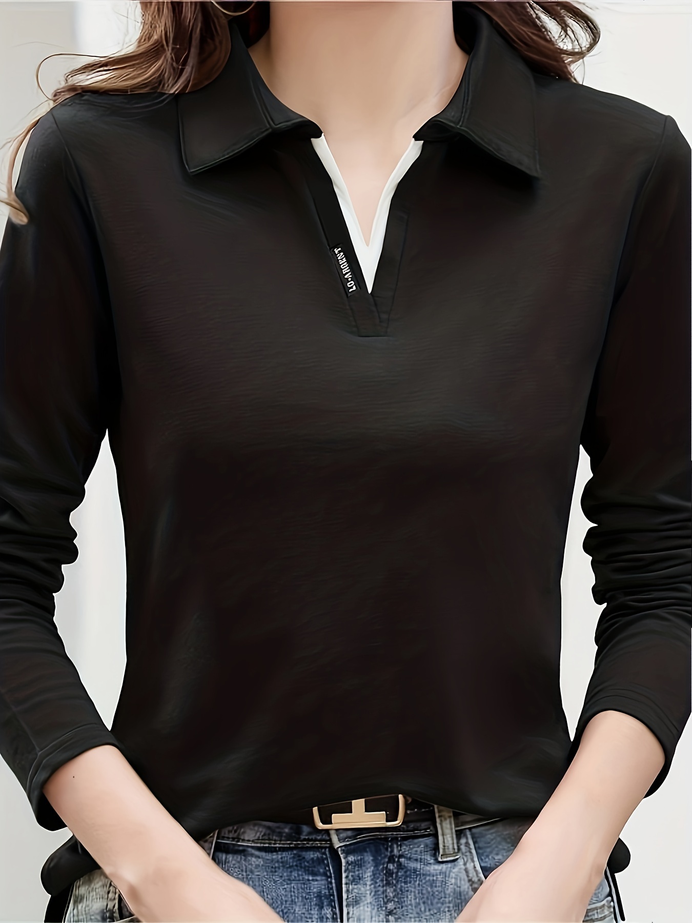 solid polo collar t shirt casual long sleeve top for spring fall womens clothing details 23