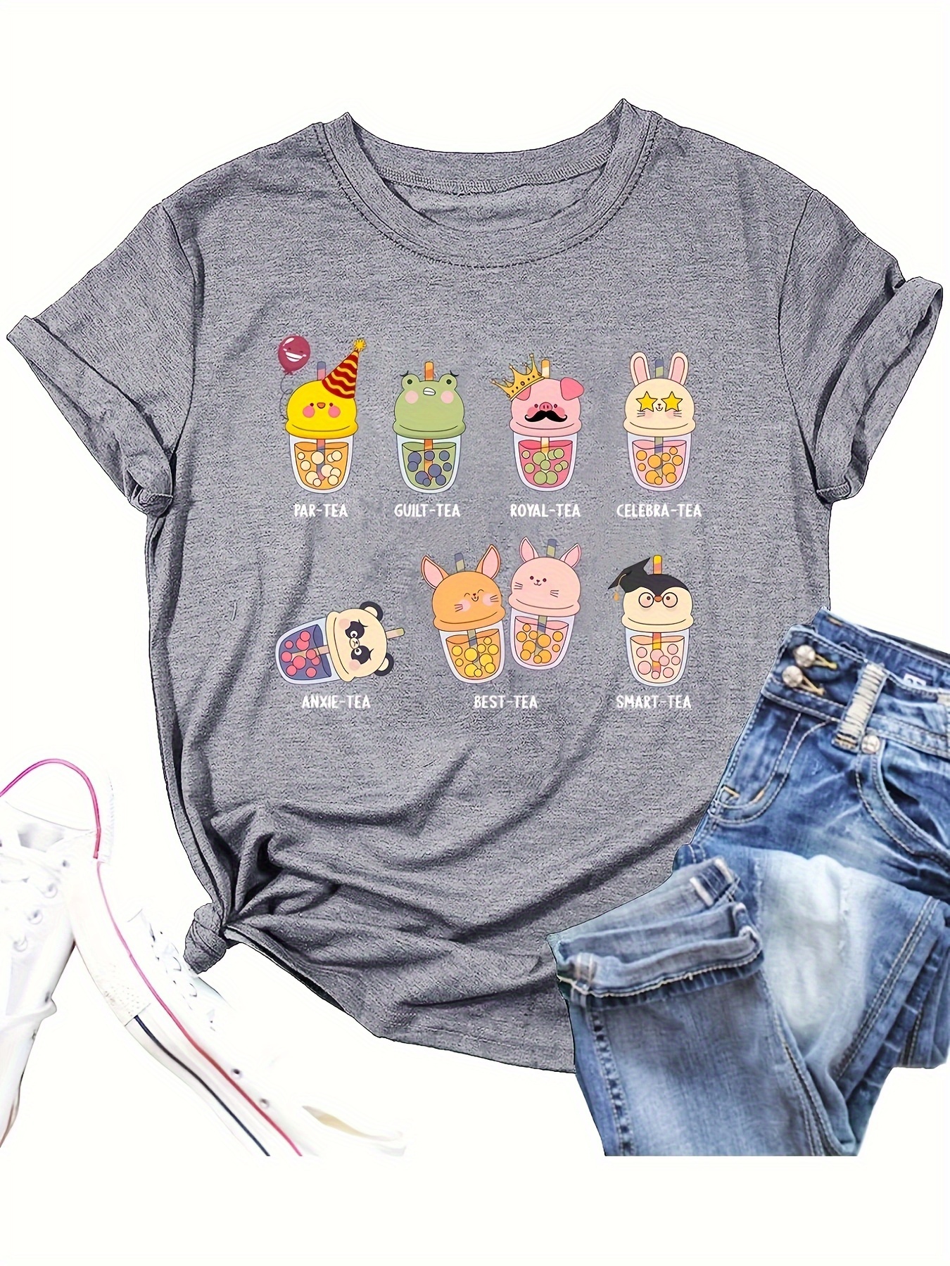 cute milk tea print t shirt casual short sleeve crew neck summer top womens clothing details 5