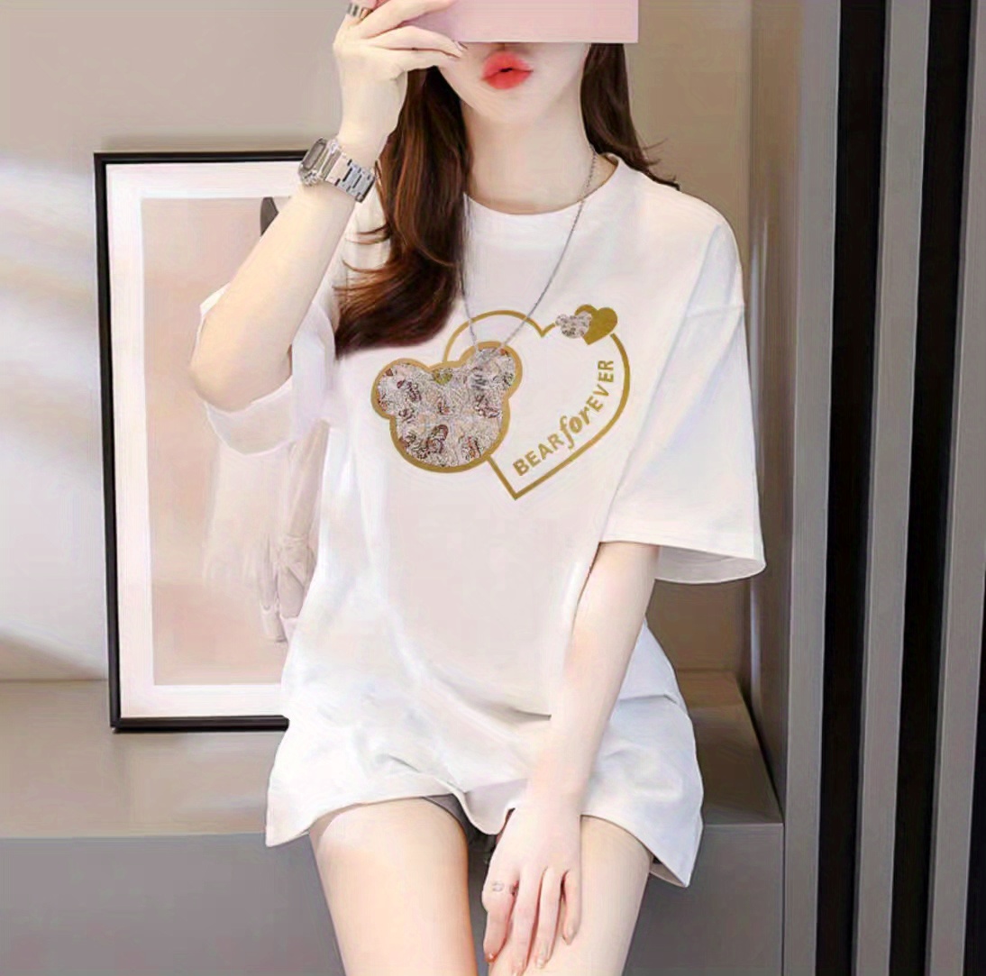 bear heart print crew neck t shirt casual short sleeve t shirt for spring summer womens clothing details 2