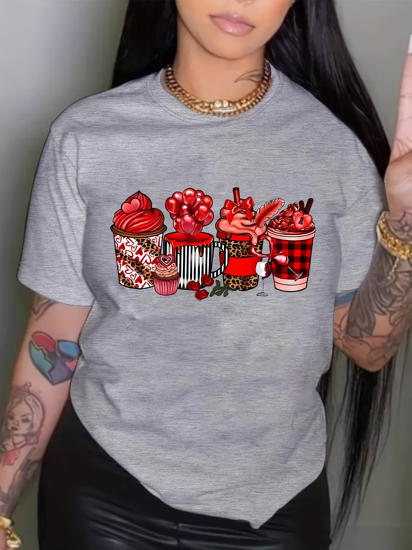 valentines day coffee print t shirt casual short sleeve crew neck t shirt womens clothing details 1