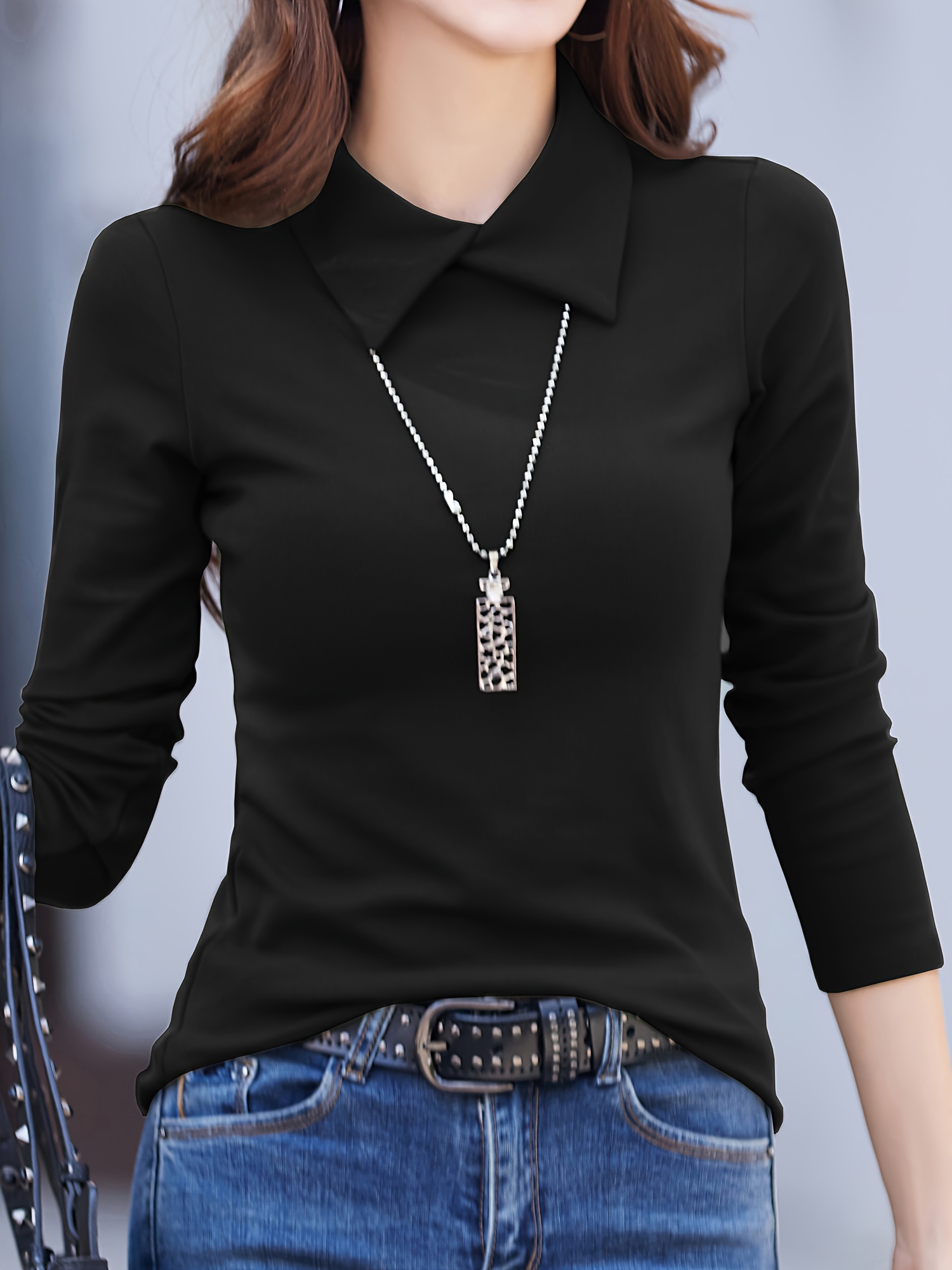 solid lapel collar cotton t shirt long sleeve slim elegant top womens clothing details 5