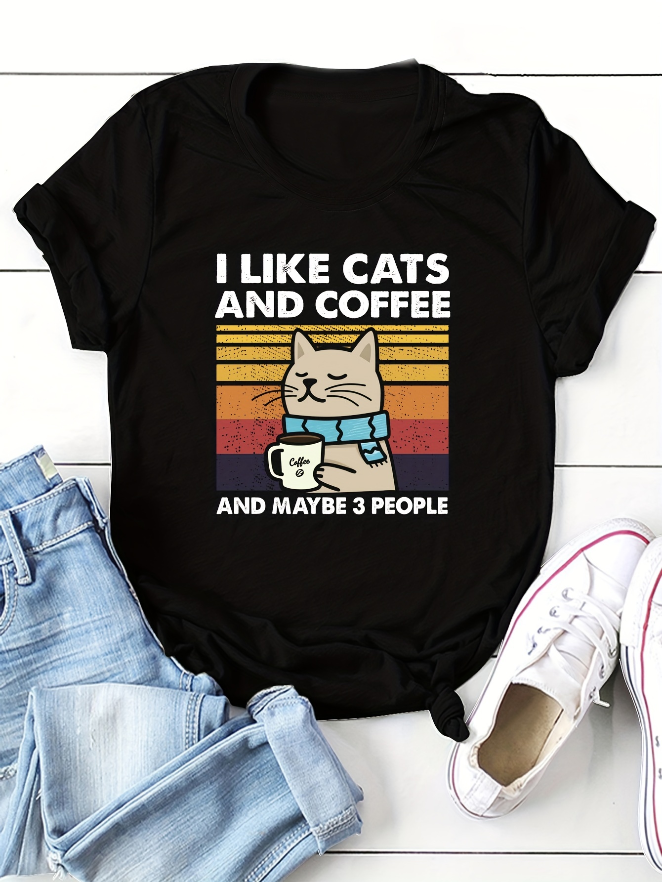 cat coffee print t shirt casual crew neck short sleeve t shirt womens clothing details 0