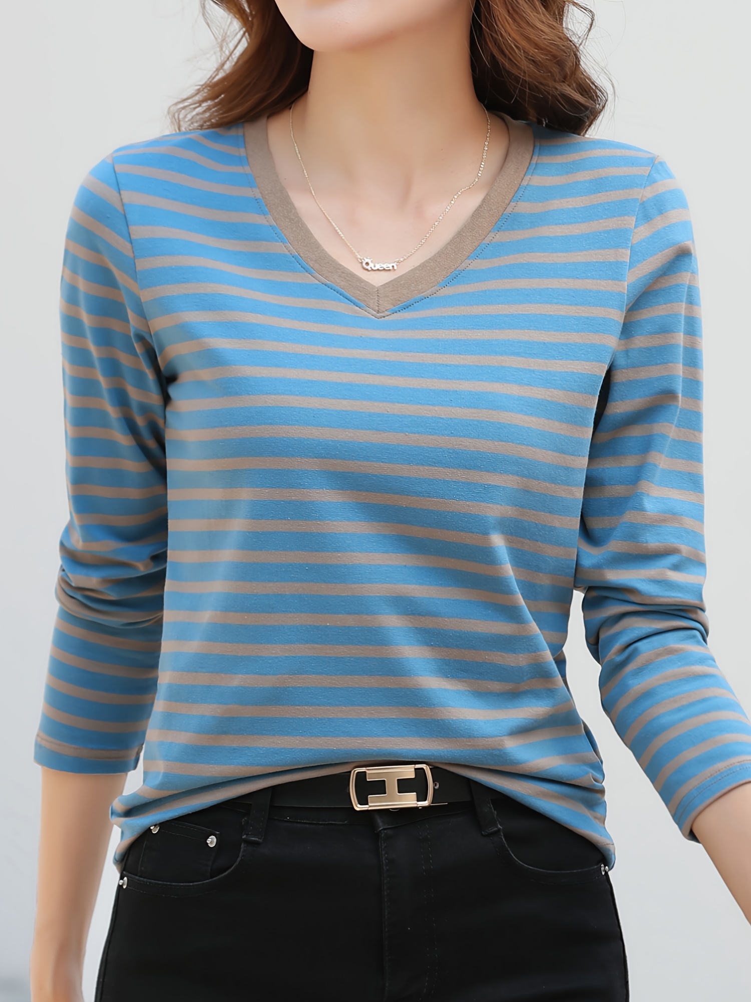 striped long sleeve t shirt v neck casual top for spring fall womens clothing details 9