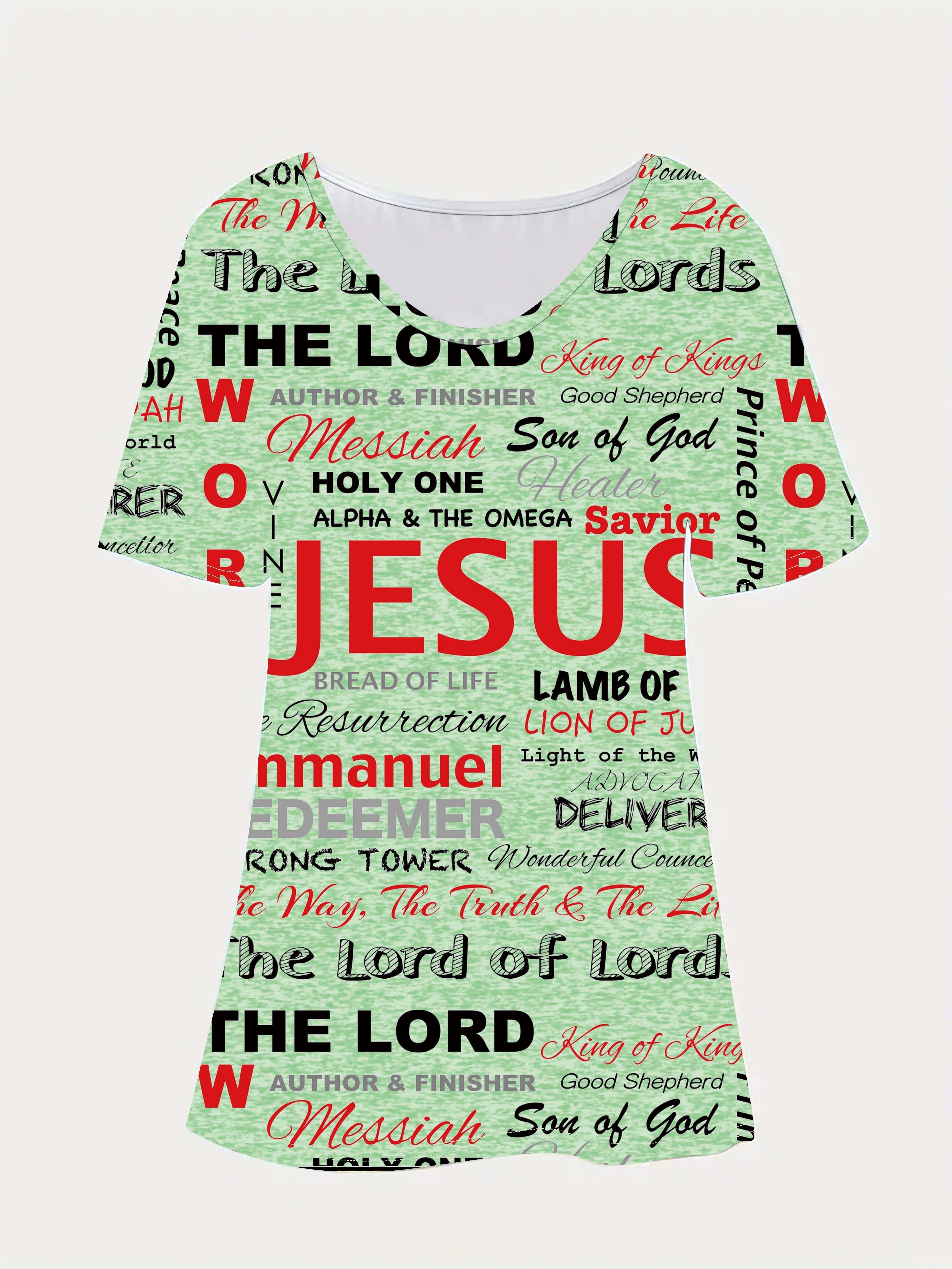 jesus letter full print t shirt casual v neck short sleeve t shirt for spring summer womens clothing details 2