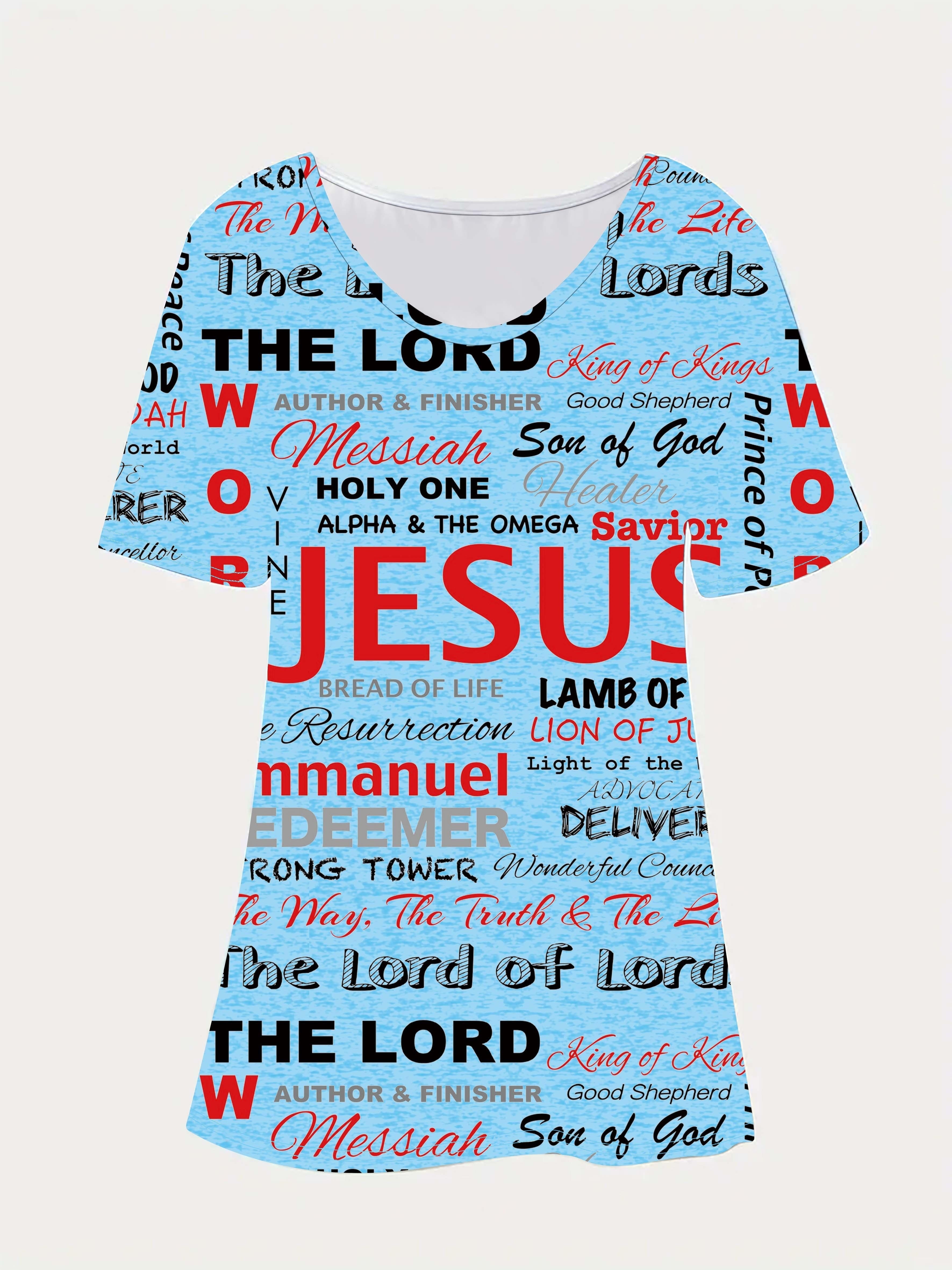 jesus letter full print t shirt casual v neck short sleeve t shirt for spring summer womens clothing details 14