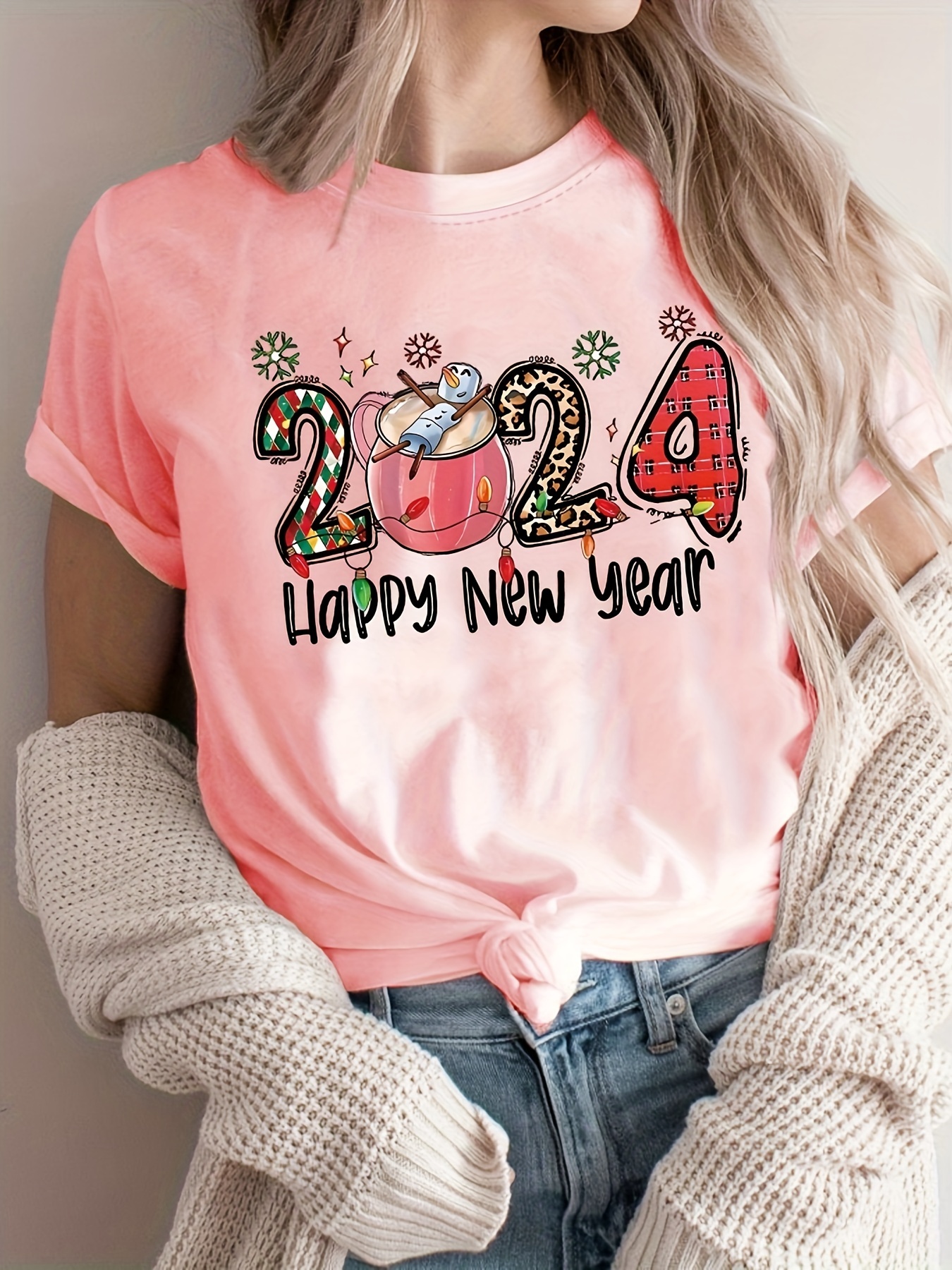 2024 print crew neck t shirt, 2024 print crew neck t shirt casual short sleeve top for vacation womens clothing details 1