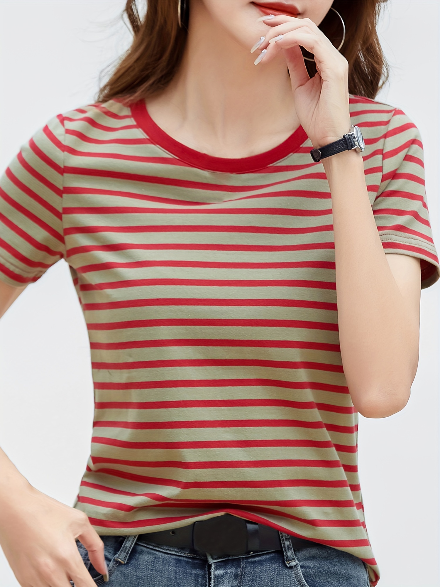 striped print crew neck t shirt casual short sleeve t shirt for spring summer womens clothing details 7