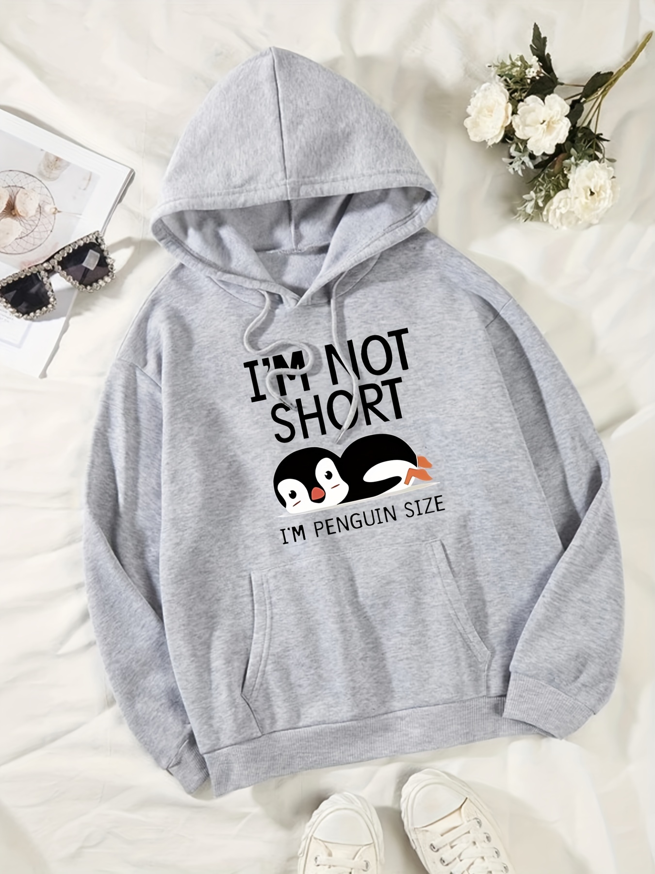 cute penguin print kangaroo pocket hoodie casual long sleeve drawstring hoodies sweatshirt womens clothing details 10