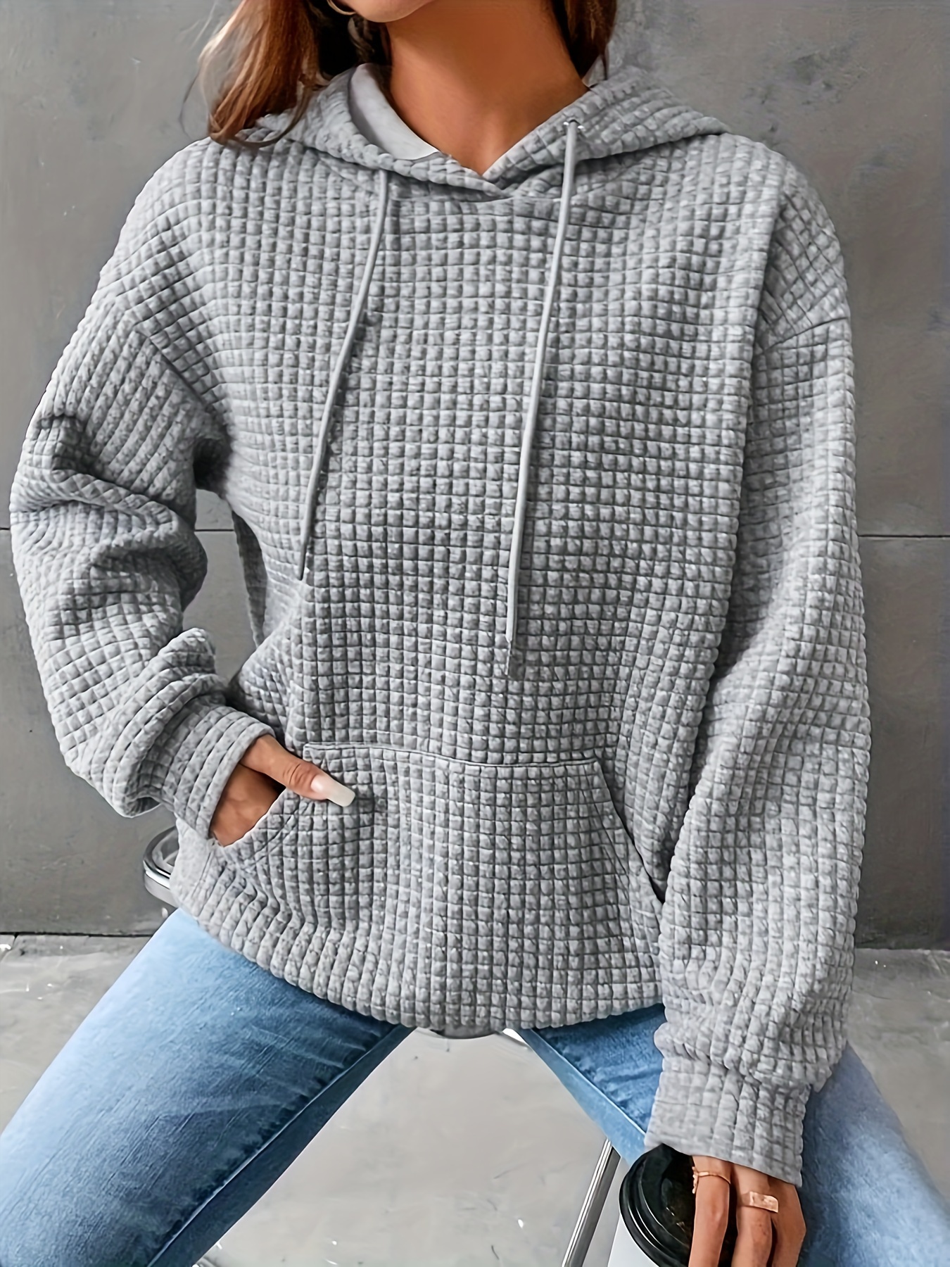 waffle grid kangaroo pocket hoodie, waffle grid kangaroo pocket hoodie casual long sleeve drawstring hoodies sweatshirt womens clothing details 2