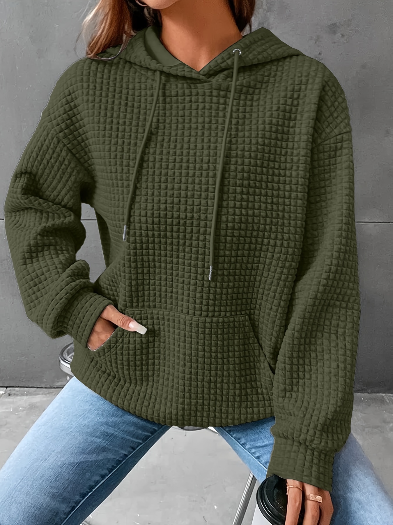 waffle grid kangaroo pocket hoodie, waffle grid kangaroo pocket hoodie casual long sleeve drawstring hoodies sweatshirt womens clothing details 8