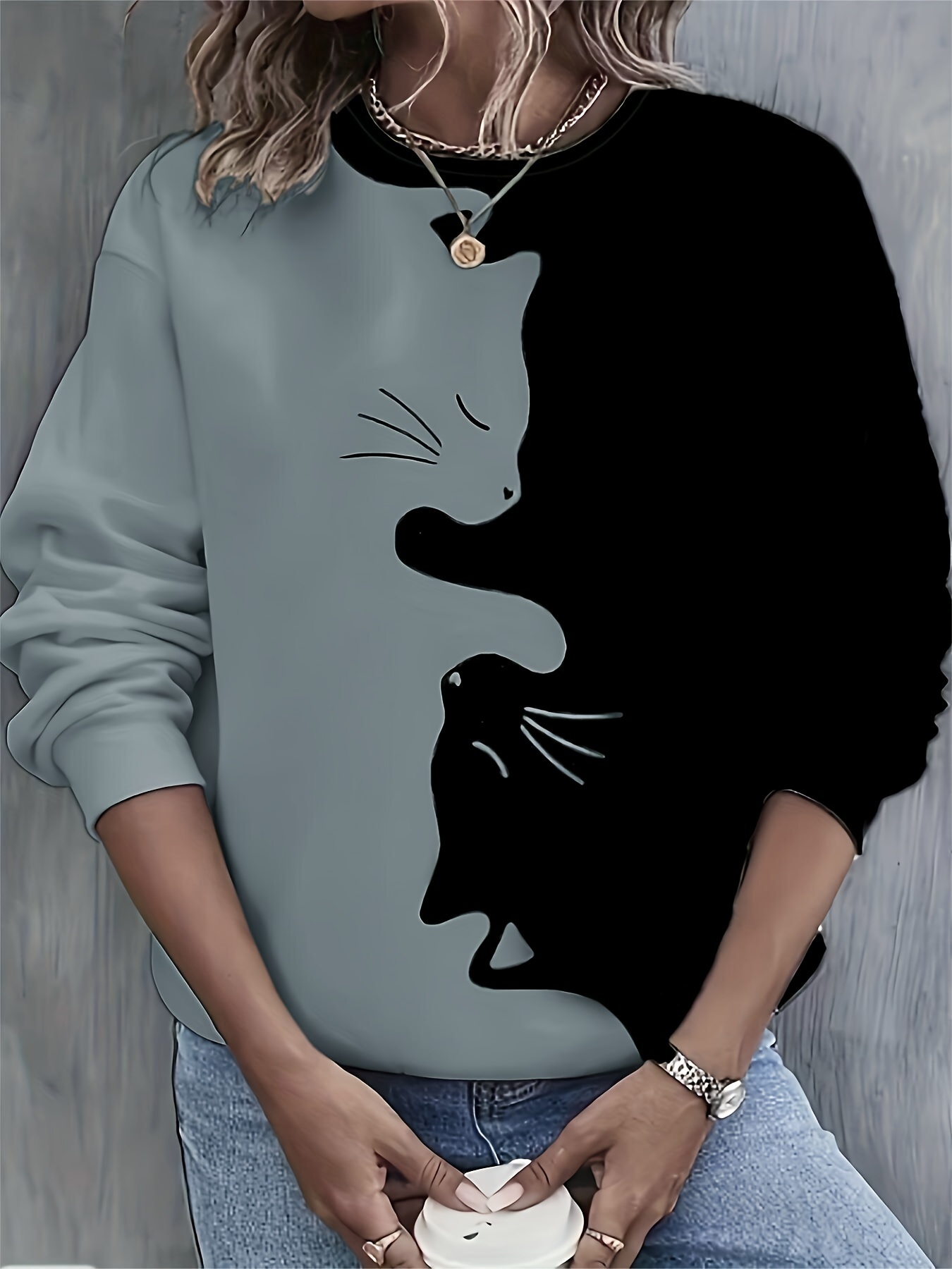 cute cat print crew neck sweatshirt casual long sleeve loose sweatshirt womens clothing details 5