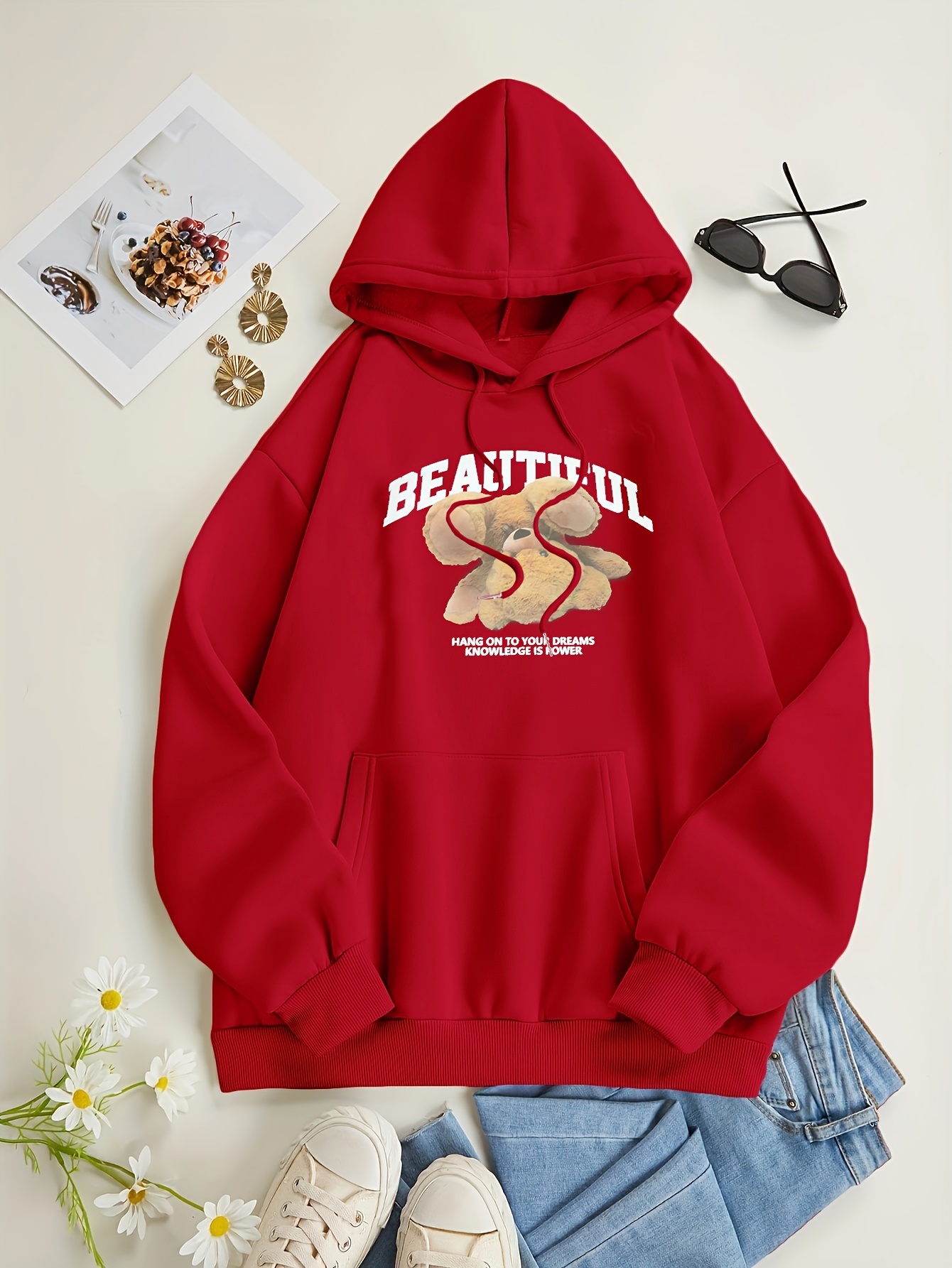 bear print kangaroo pocket hoodie casual long sleeve drawstring hoodies sweatshirt womens clothing details 0