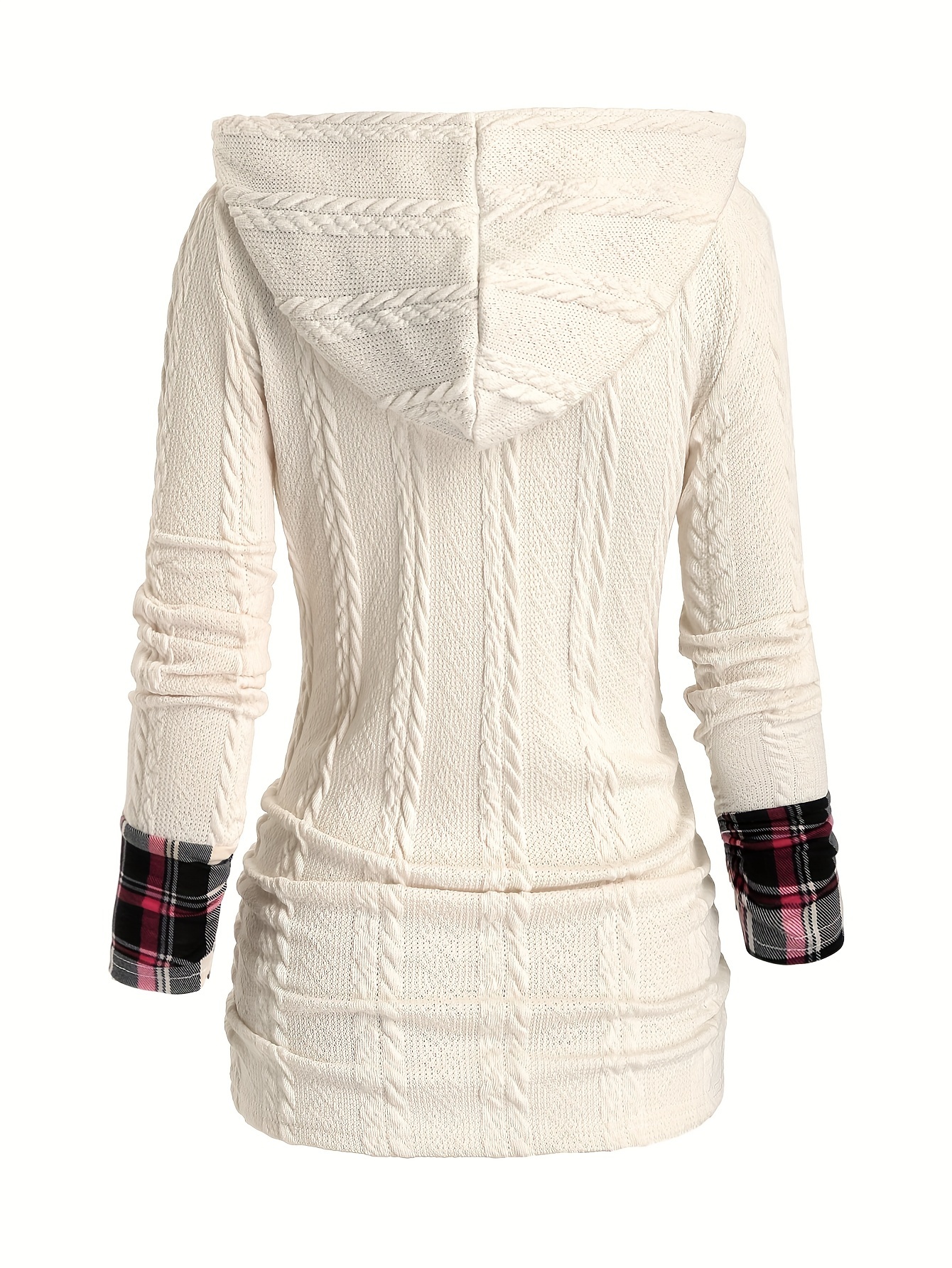 plaid splicing button decor cable hoodie casual long sleeve hoodie womens clothing details 6