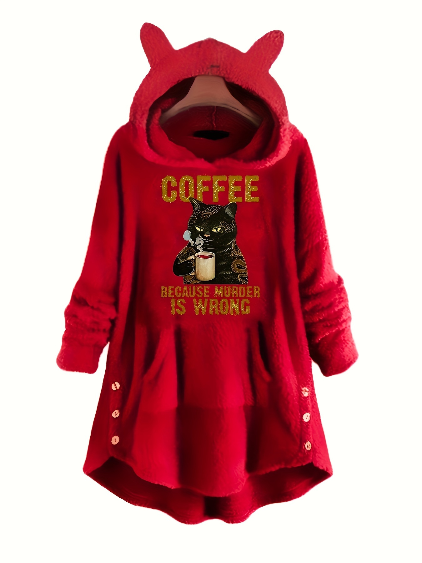 cat letter print teddy hoodie casual long sleeve kangaroo pocket hoodie sweatshirt womens clothing details 0