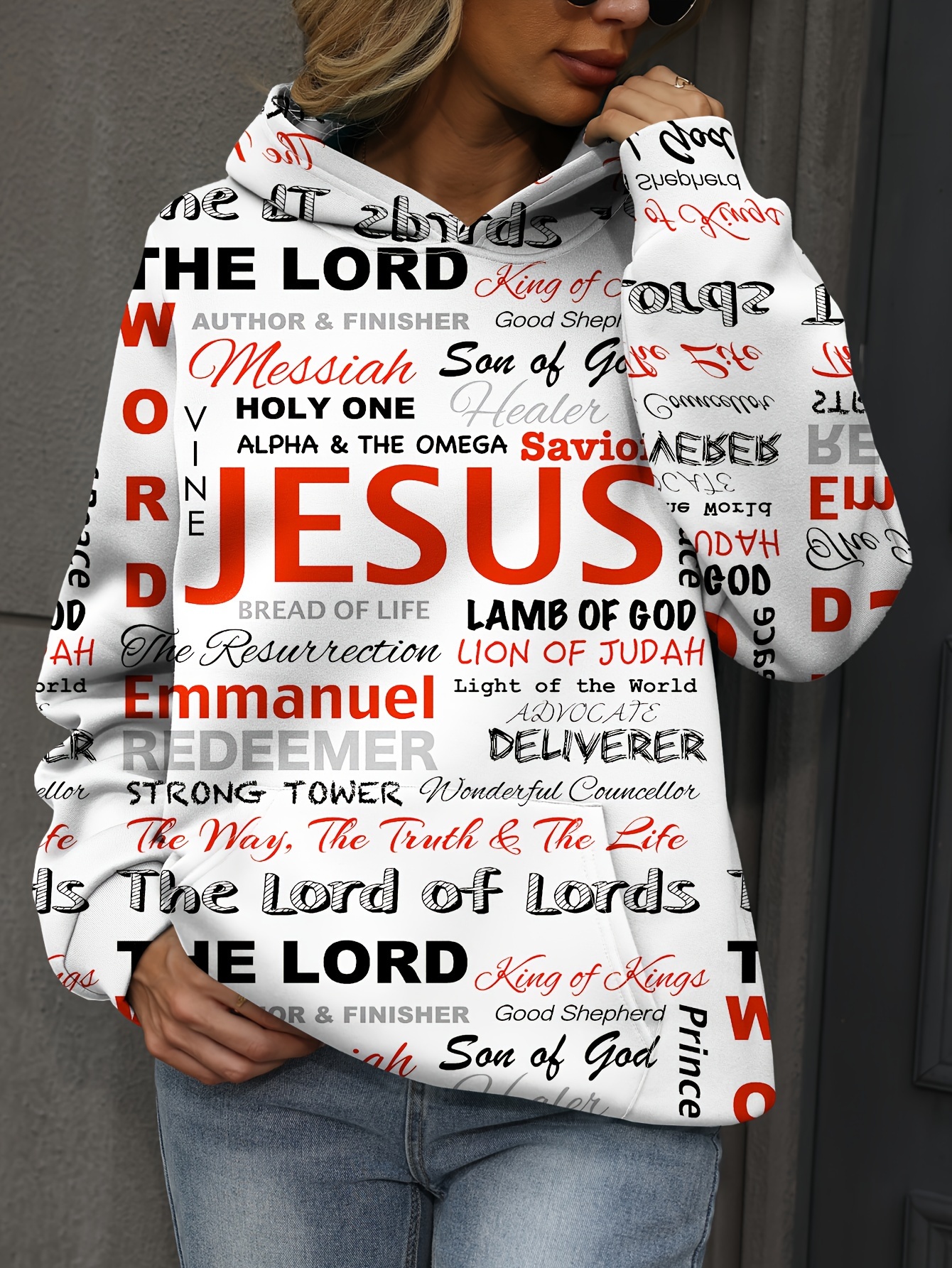 jesus letter print hoodies casual kangaroo pocket long sleeve sweatshirt womens clothing details 27