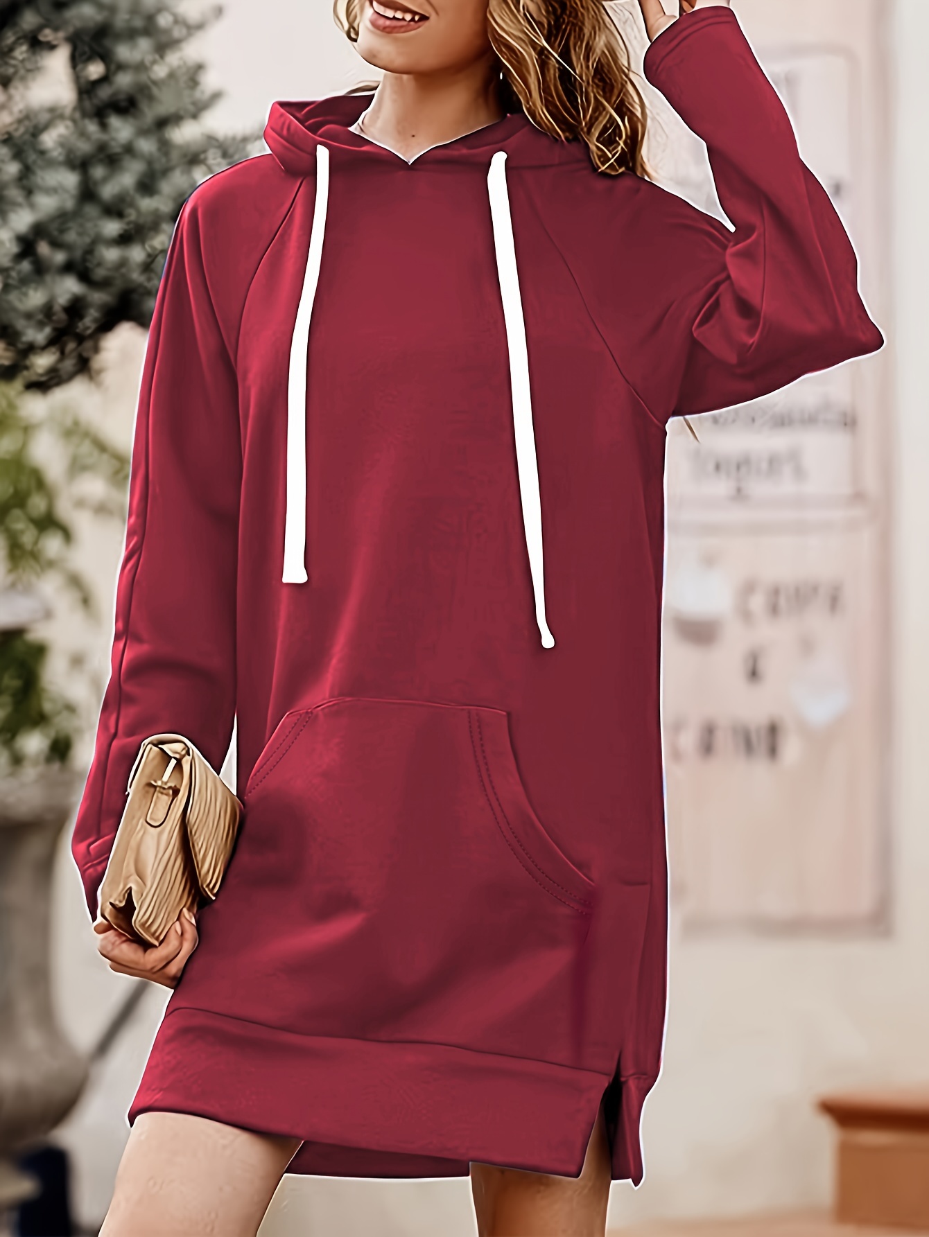 solid kangaroo pocket long length hoodie casual long sleeve drawstring hoodies sweatshirt womens clothing details 12