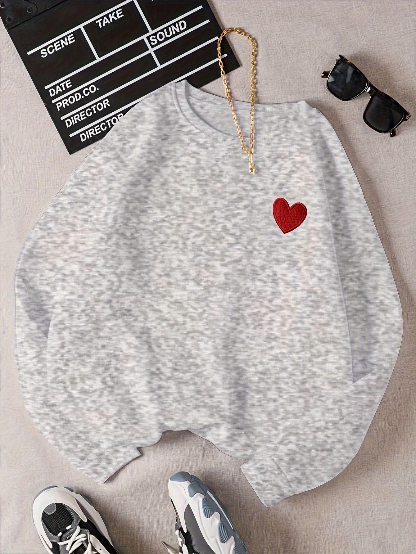 heart pattern pullover sweatshirt casual long sleeve crew neck sweatshirt for fall winter womens clothing details 11