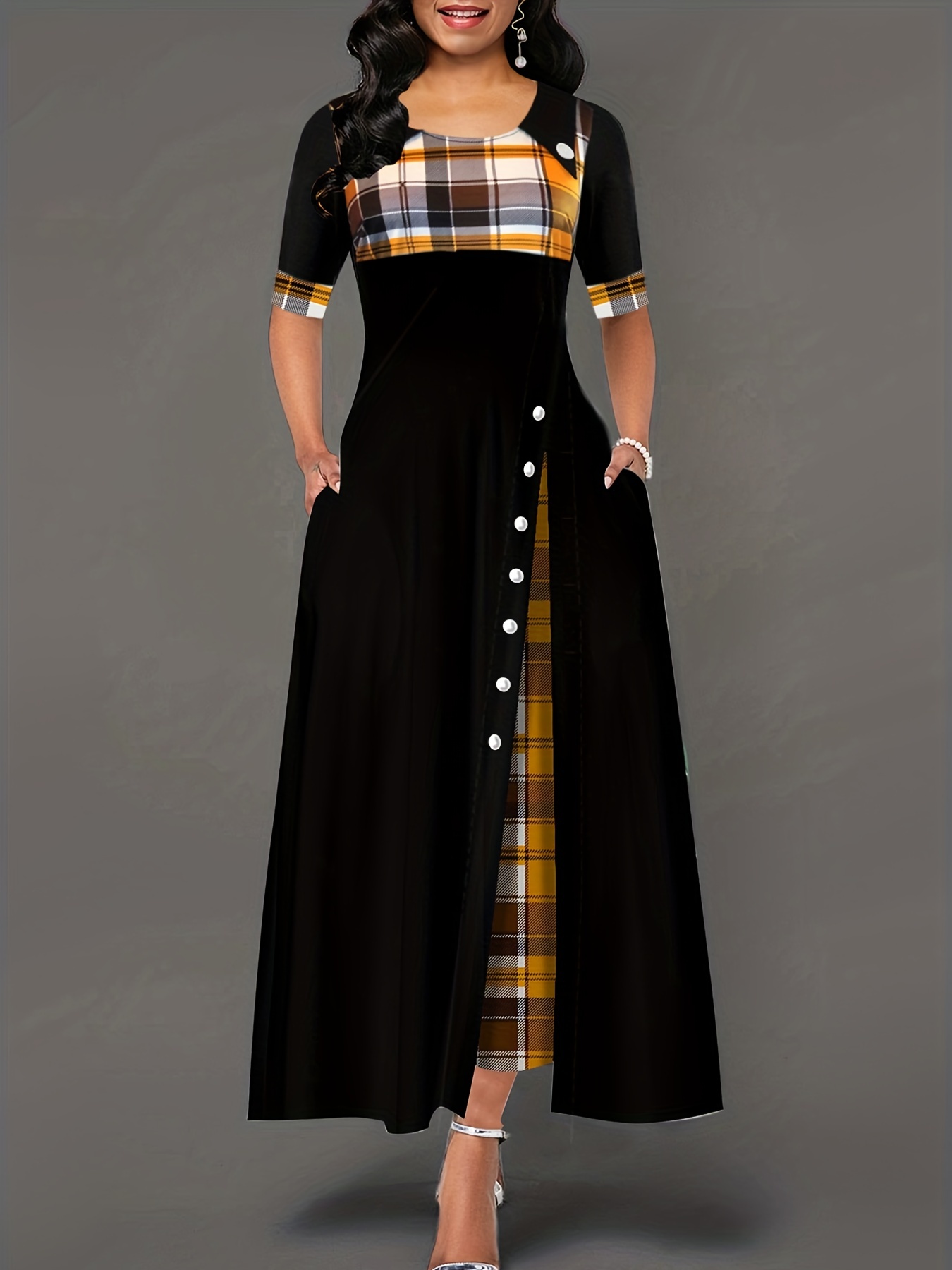 plaid print splicing dress casual crew neck short sleeve maxi dress womens clothing details 1