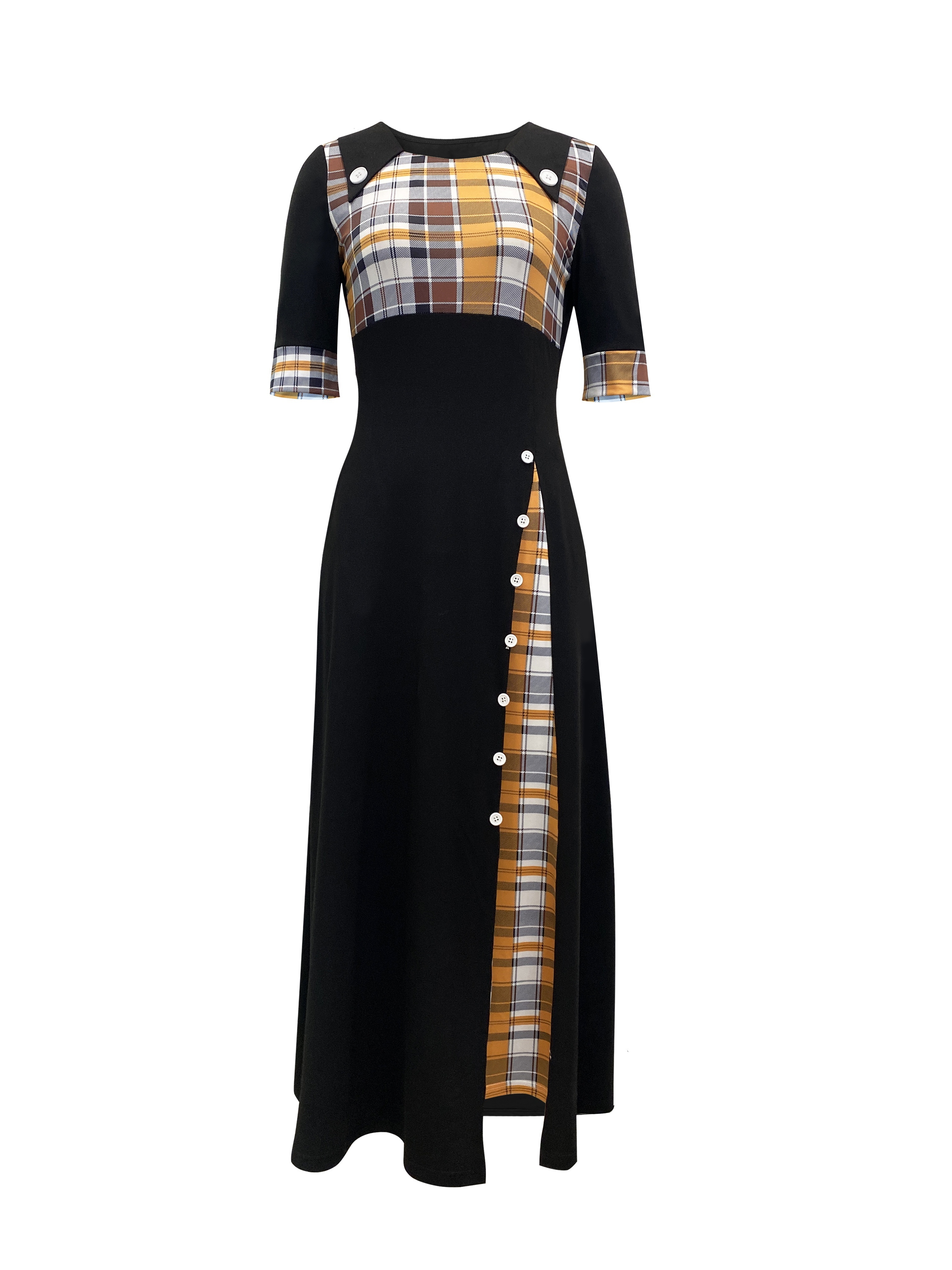 plaid print splicing dress casual crew neck short sleeve maxi dress womens clothing details 2