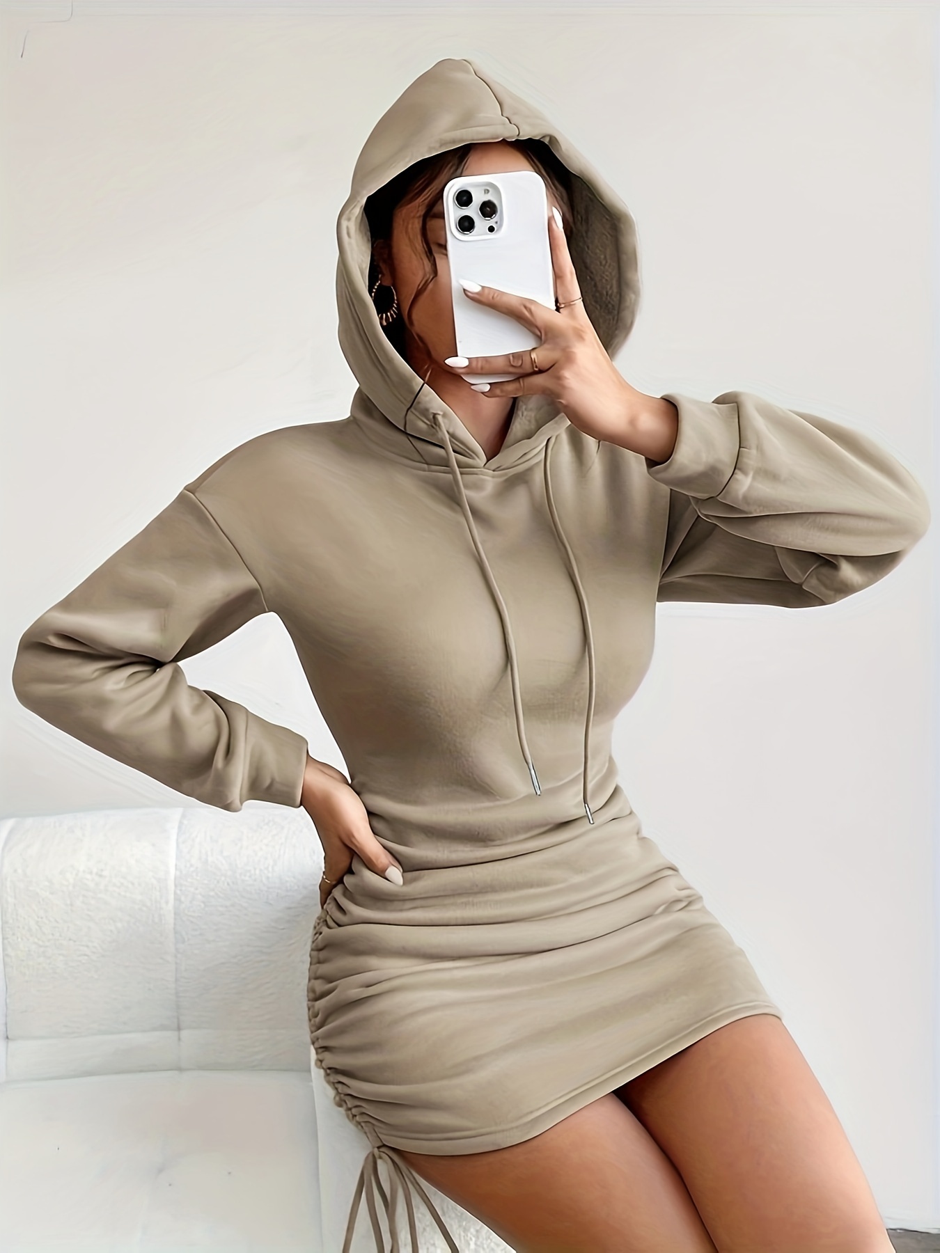 drawstring hooded dress, drawstring hooded dress casual long sleeve bodycon dress womens clothing details 12