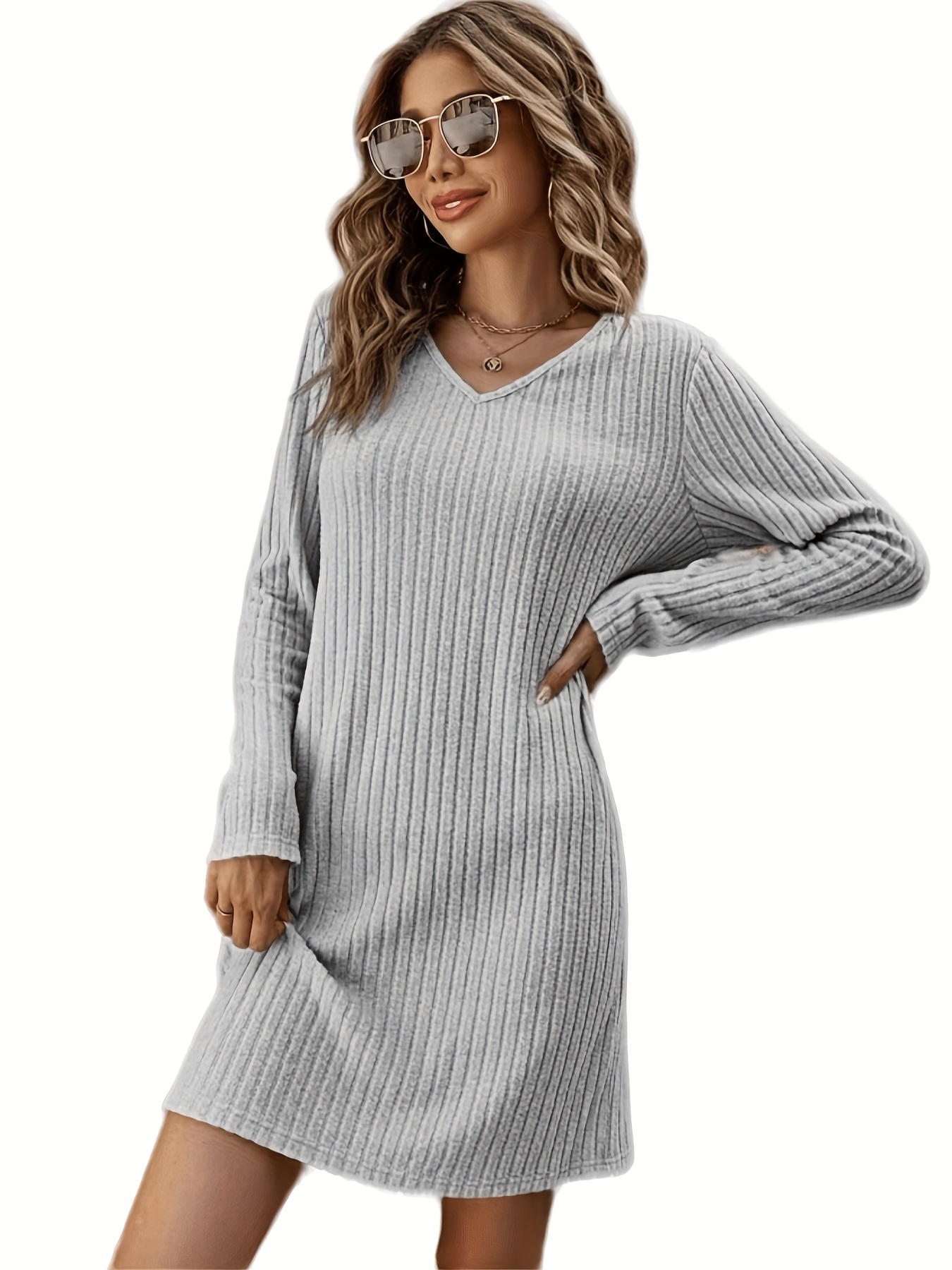 solid v neck dress casual long sleeve dress for spring fall womens clothing details 11