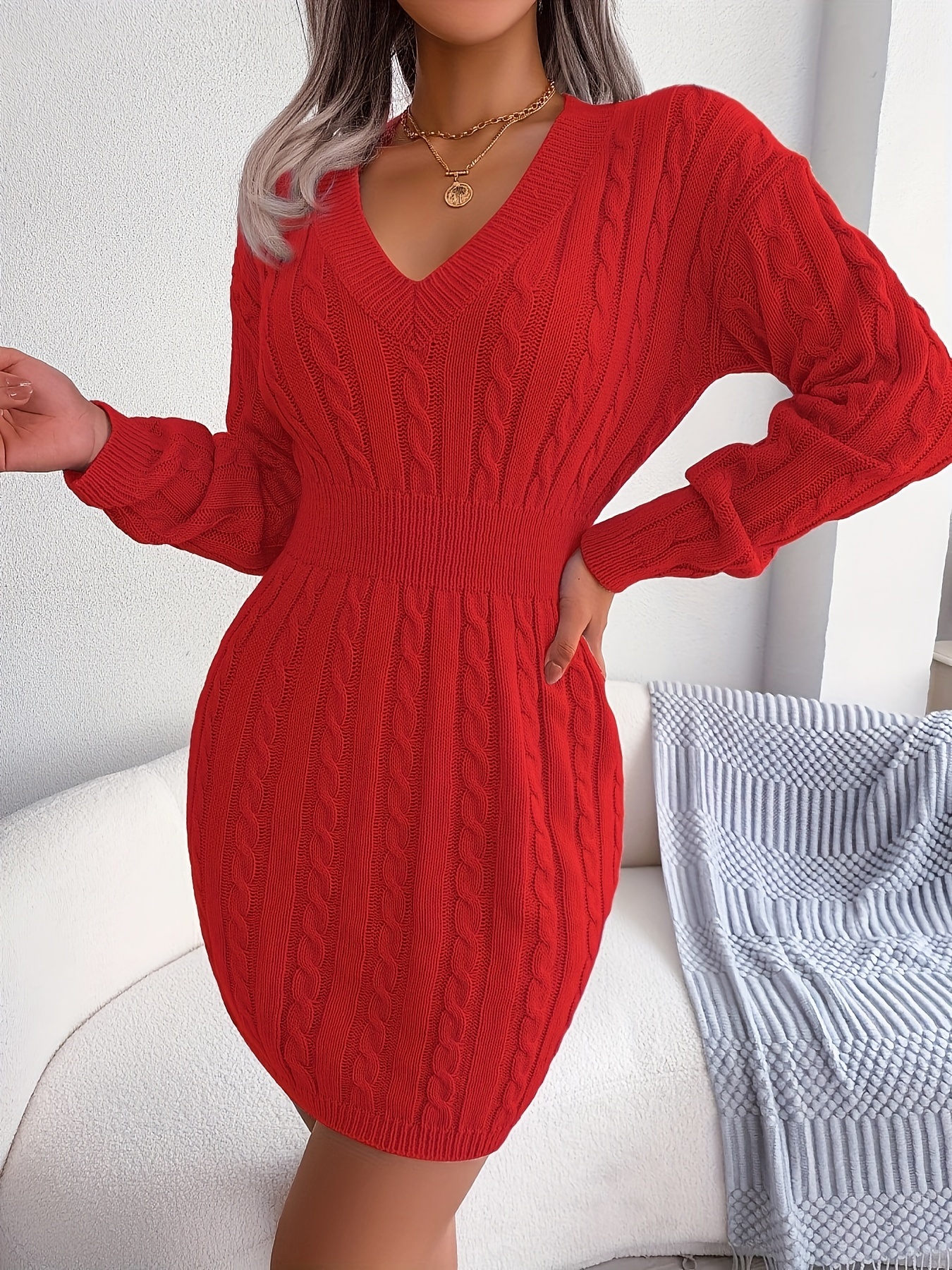 cable knit sweater dress casual v neck long sleeve bag hip dress womens clothing details 1